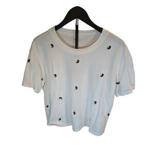 Madewell White T-Shirt All-Over Embroidered Yin Yang Symbols Size M